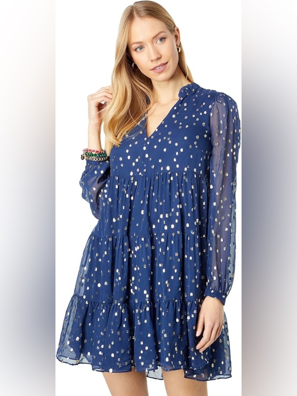 NWT Lilly Pulitzer Sarita Silk Dress in High Tide Navy Gold Metallic
